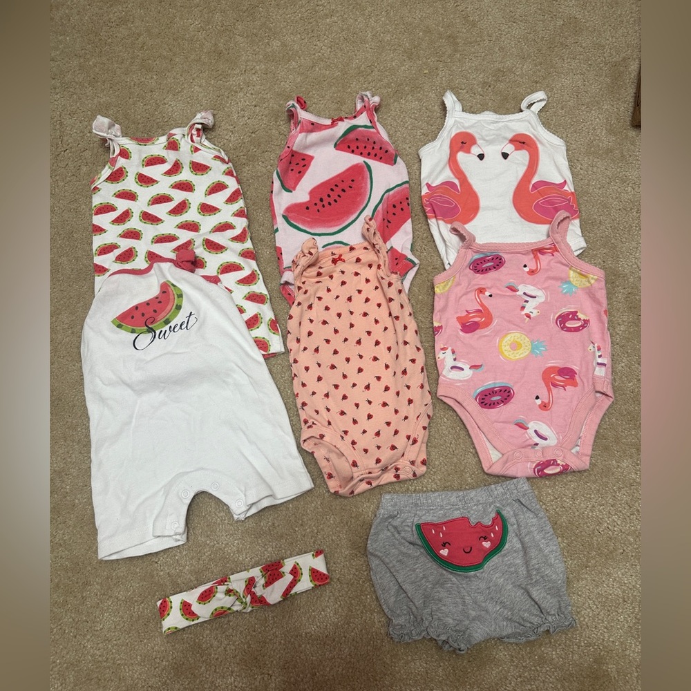 Baby Girl Summer Clothes Lot Bundle 0-3 Months Flamingo and Watermelons
